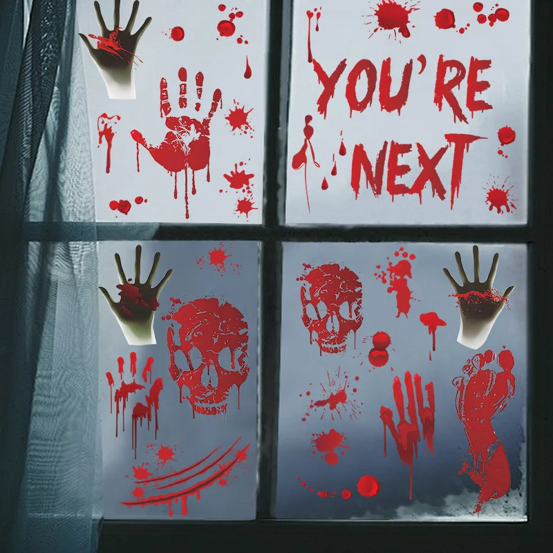Halloween Window Static Stickers Halloween Window Decorations Blood Skull Blood Drop Window Stickers Bloody Footprint