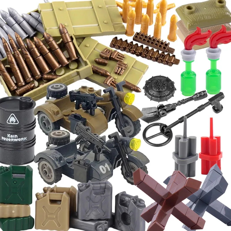 MOC WW2 Military Oil Barrel Weapon Box Building Blocks War Scene Accessories Bullet Explosive Motorcycle Sandbag Bricks Toys