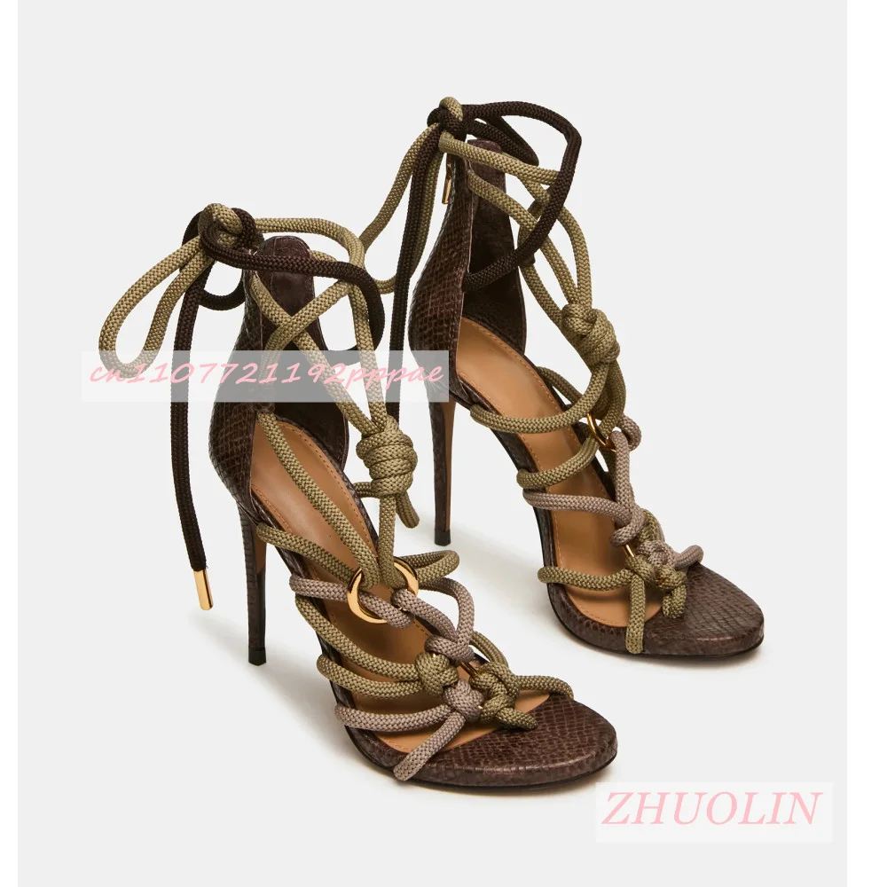 

Retro Snakeskin Thick Rope Crisscross Strap High Heels Women'S Open-Toe Round-Toe Stiletto Sandals Sexy Summer Party Dress Shoes
