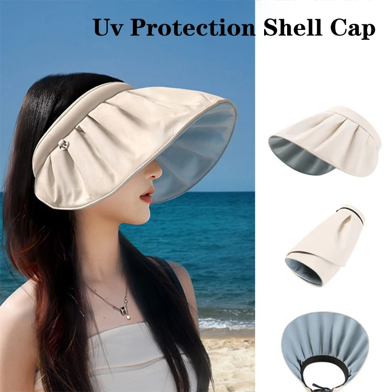 Summer Shell Sunshade Hats Women Outdoor Beach Hats Soft Foldable Wide Brim Bucket Caps UV Protection Dual Use Hair Hoop Sun Hat