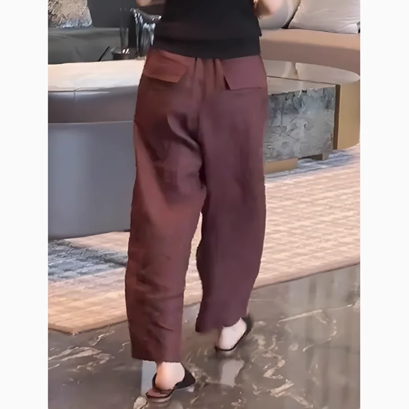 Pantalones de pierna ancha de lino y algodón para mujer, pantalón informal, holgado, adelgazante, de nueve puntos, color rojo y marrón, a la moda