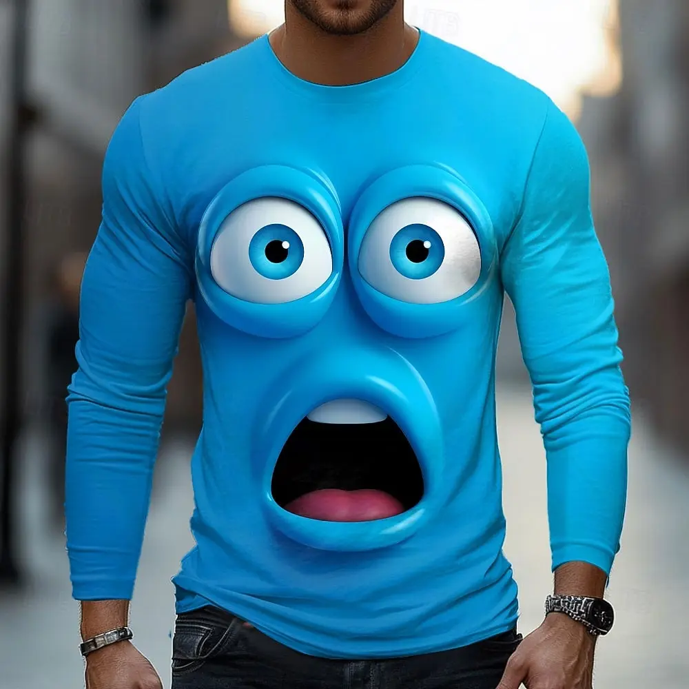 2025 Fall Winter 3D Funny Emotes Printed Men's Crew Neck Long Sleeve T-Shirts For Men Streetwear Casual Tops Funny Apparel