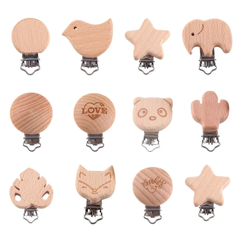 5Pcs Beech Wooden Animal Shape Pacifier Clip Baby Wood Pacifier Metal Holder Elephant Pacifier Wooden Accessories