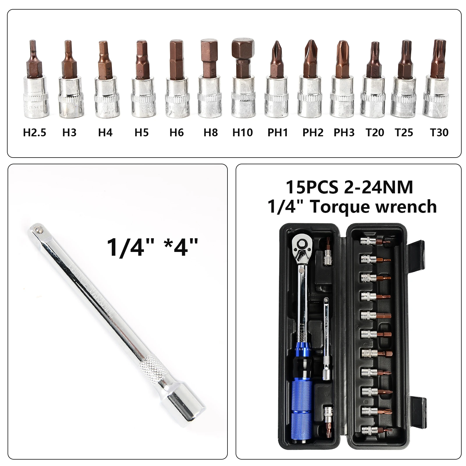 15PCS Torque Wrench Set 1/4