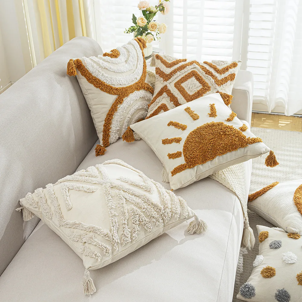 BUYNOW 1PC Tufted Lines Geometric Foliage Sun Hugging Pillowcase Bohemian Living Room Sofa Cushion Cover Home Bedroom Decor