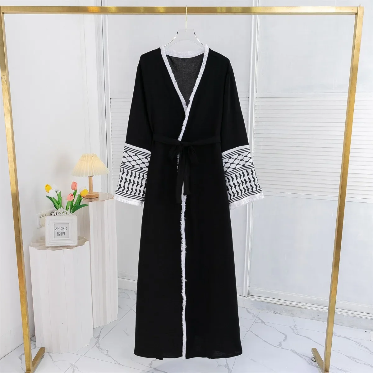 Open Front Abaya Muslim Long Sleeve Cardigan Abayas With Belt Women\'s Clothing Tassel Embroidery Maxi Dress Kaftan Women Jilbabs