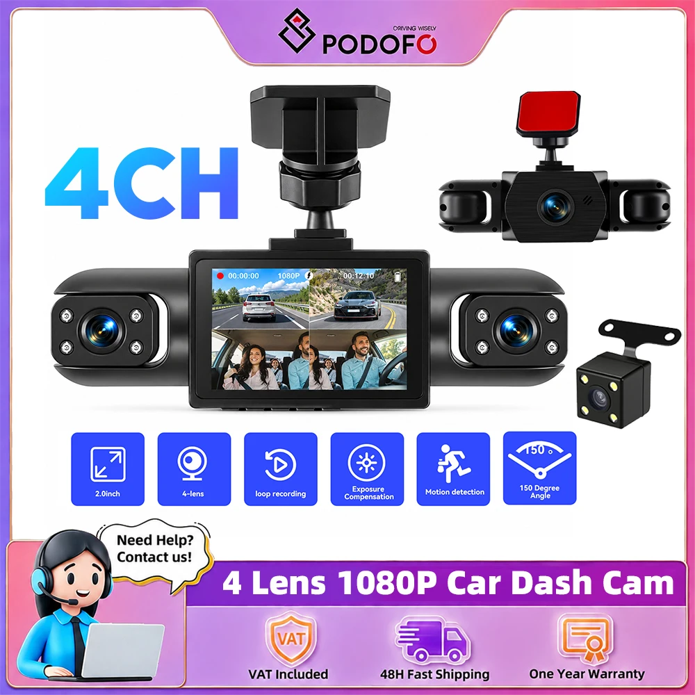 Podofo, telecamera per auto da 2 pollici, 1080P, con visione notturna, telecamera per cruscotto, per la registrazione delle attività di guida, con scatola nera per auto e telecamere per la parte