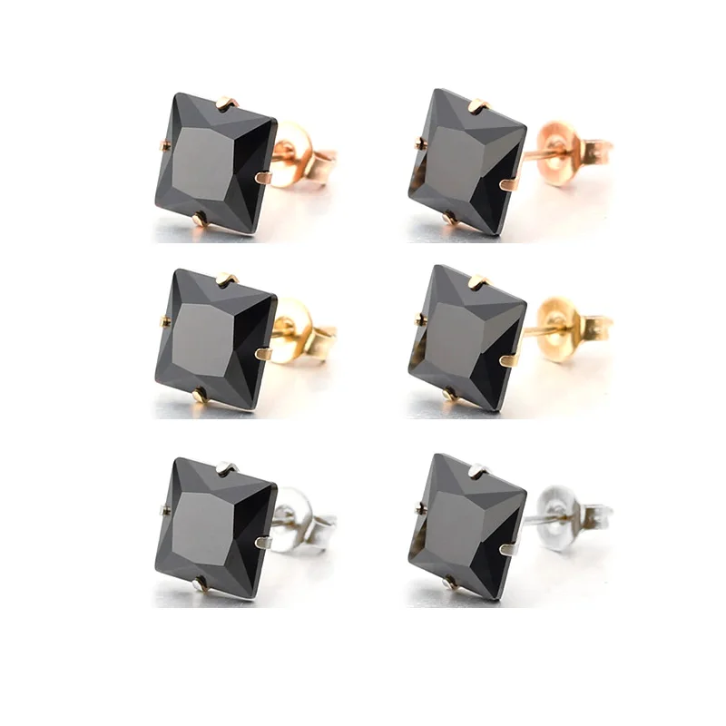 Uelf Fashion Gold Color Square Stud Earrings Black Austrian Crystal Rhinestone Earring For Women Wedding Stainless Jewelry