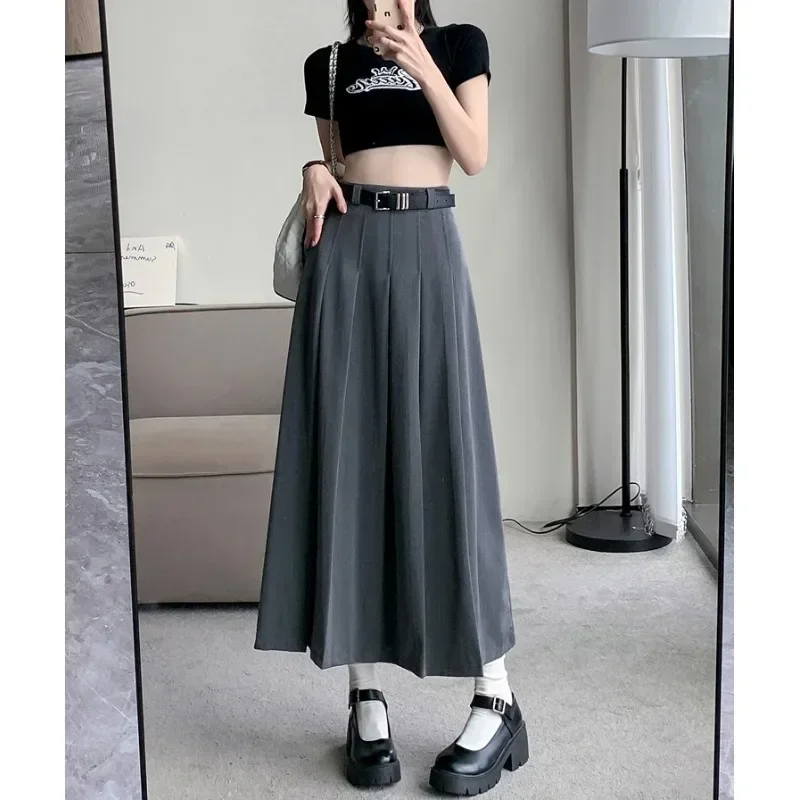 

Korean High Waist Pleated Woman Skirt Solid Preppy Zipper Female 2023 Summer Skirts Lady Casual Fashion Midi A-line Clothes