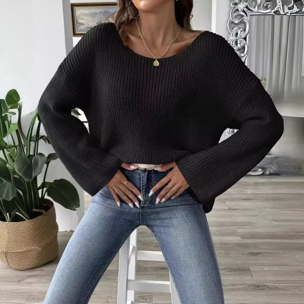 

Women's Open-Shoulder Pullover Sweater Loose Trumpet Sleeve European American Style Top M688