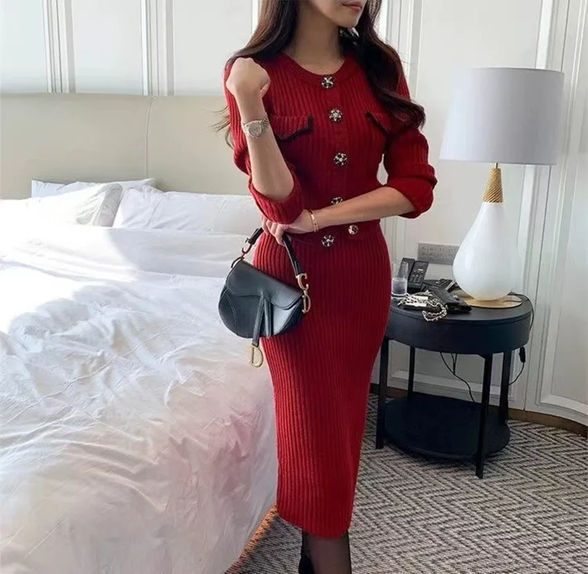 Chic France Vintage Women Knitted 2 Piece Set Autumn Winter Red Diamonds Button Cardigan Sweater +Bodycon Pencil Midi Skirt Suit