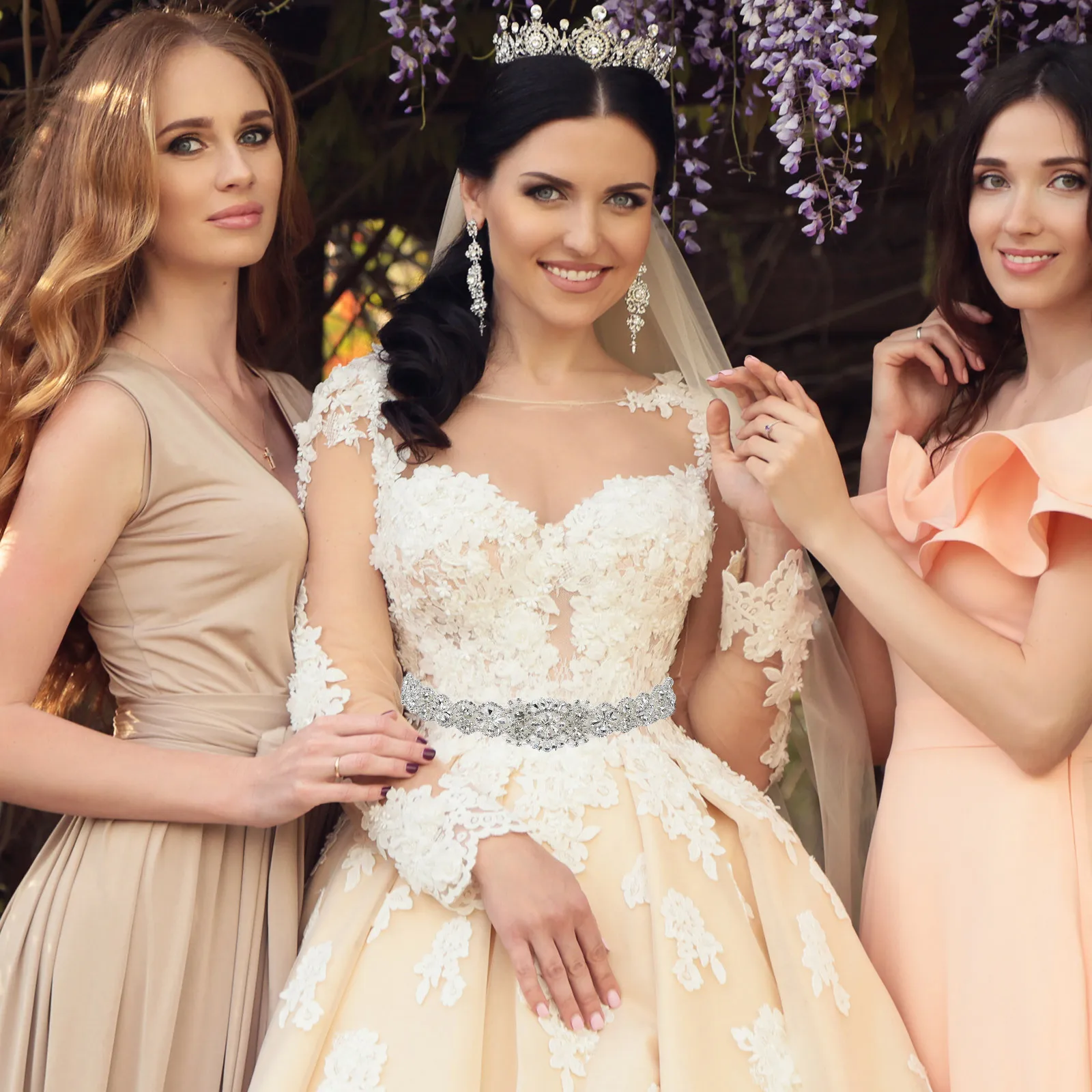 ラインストーンブライダルベルトキラキラジュエリーウエストサッシュグリッターアップリケパッチウェディングドレスブライズメイドガウンアクセサリー