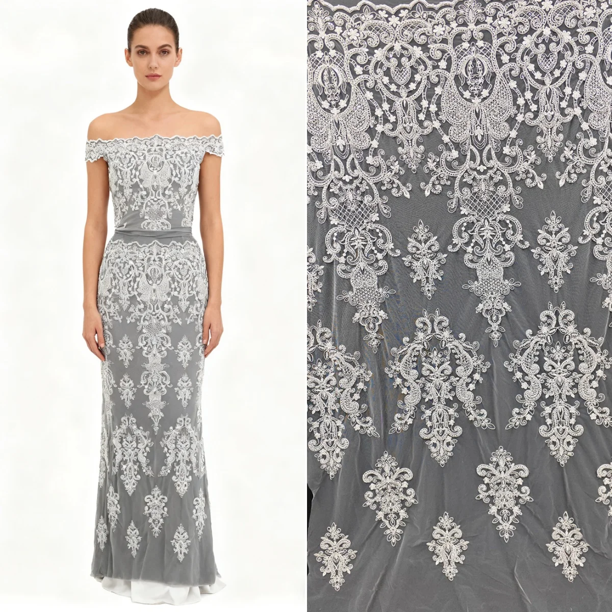 

Noble retro white lace bead embroidery fabric DIY handmade cheongsam wedding dress with skirt fabric