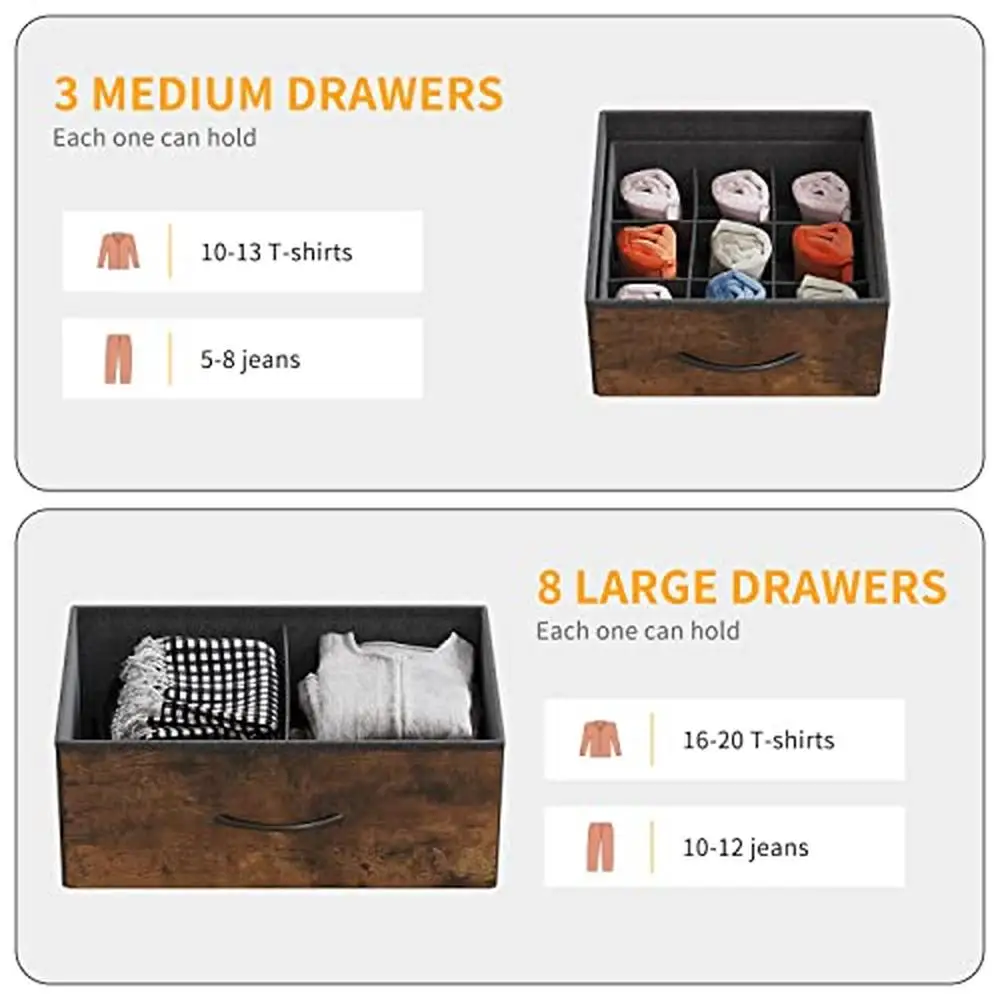 11-Drawer Fabric Storage Dresser with Side Pockets & Hooks Rustic Brown Wood Top Steel Frame