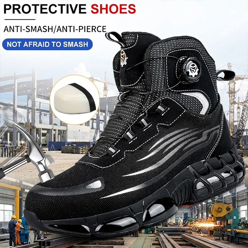 Unisex High Top Mesh Upper TPU Sole Rotary Buckle Steel Toe Anti-Puncture Shockproof Work Shoes for Factory