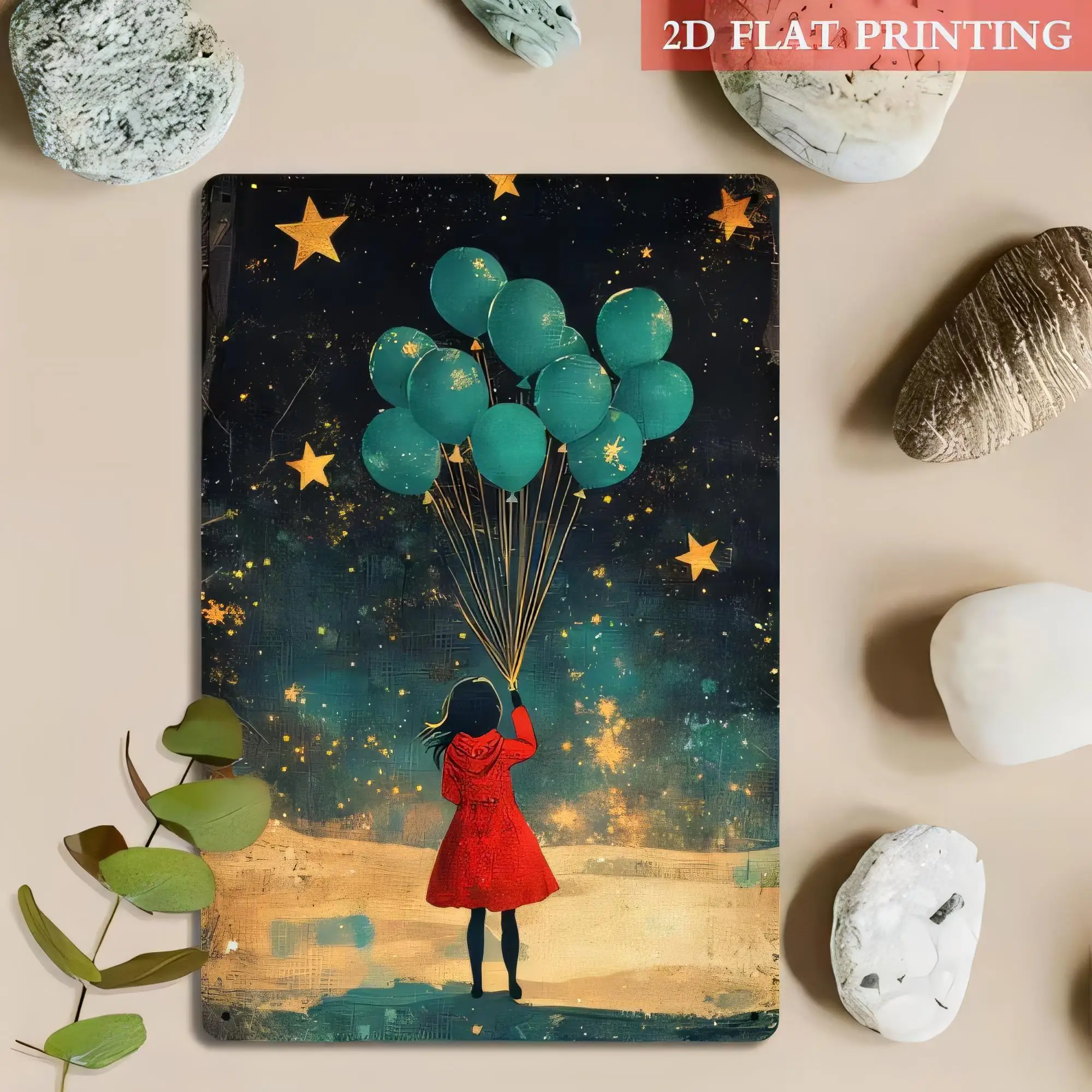 Tin Sign Space Balloon Girl in Night Sky Starry Wall Art 2D Flat Printing Vintage Metal Poster for Bedroom Living Room Cafe Deco