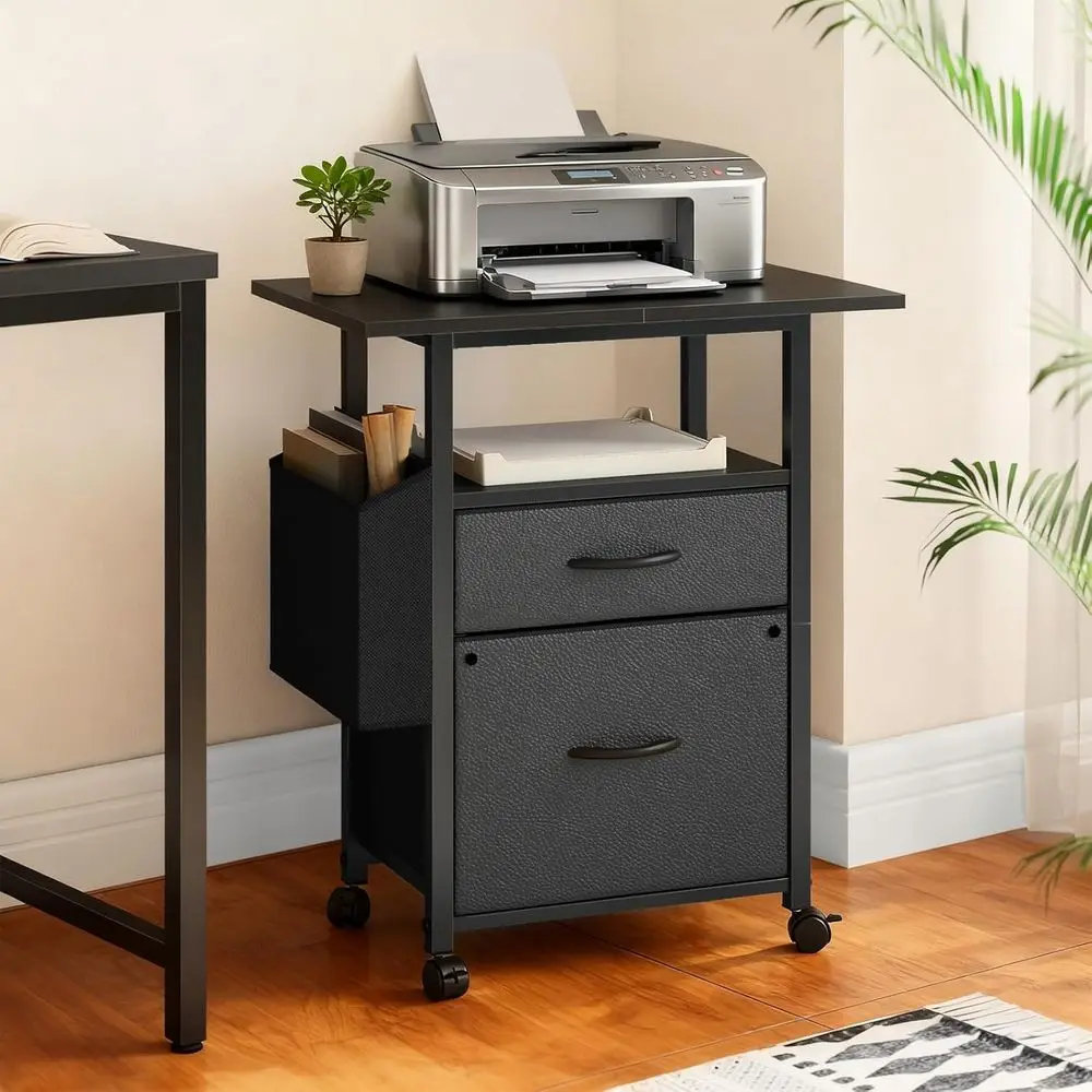 Mobile 2-Drawer File Cabinet with Extended Work Surface, Rolling Storage Unit, Side Pocket, Suitable for A4/Letter, Printer Stan
