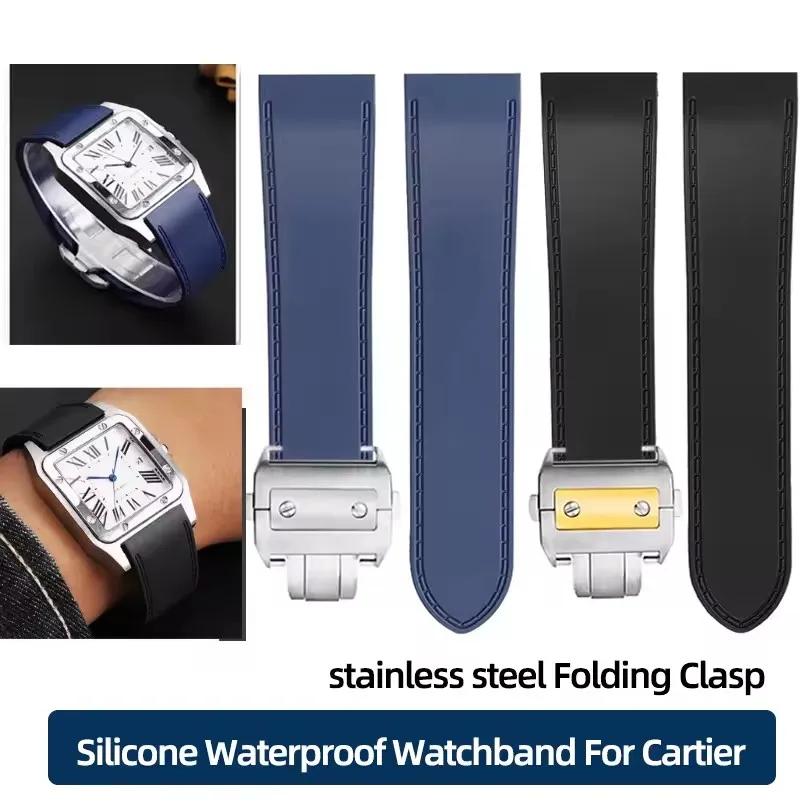 

For Cartier santos100 Santos silicone rubber watch strap santos 100 Metal buckle watchband men Black soft bracelet 25mm 23mm