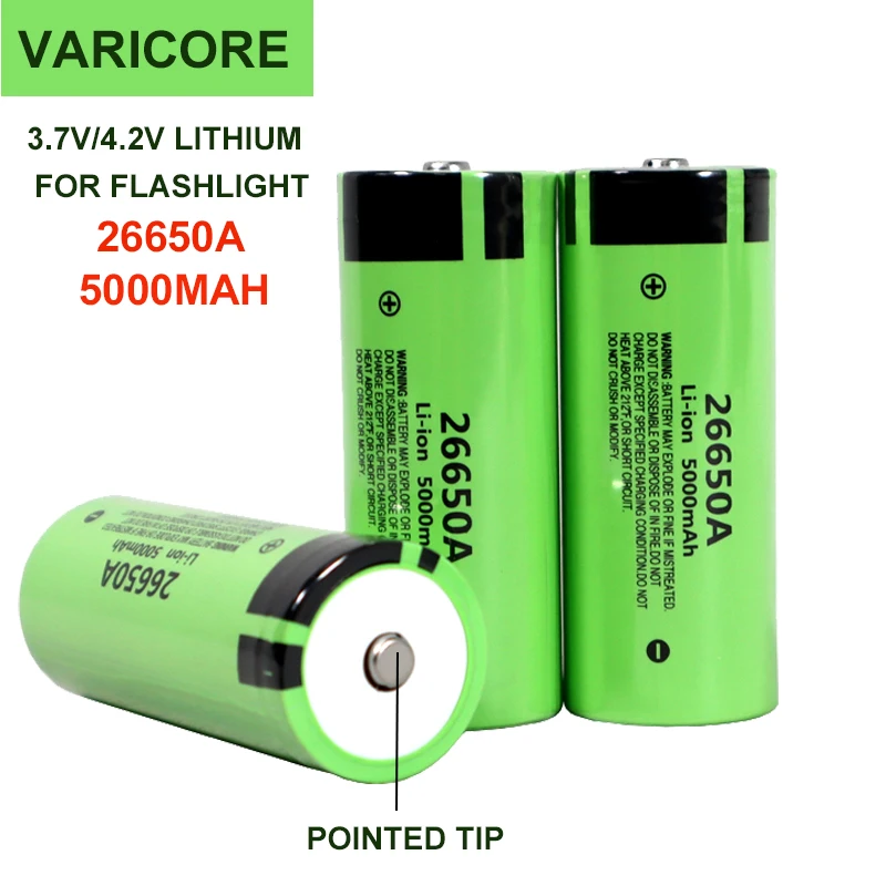 Original New 3.7V 26650A 5000mA Li-ion Battery Rechargeable battery Discharger 20A Power with Pointed Tip for Flashlight
