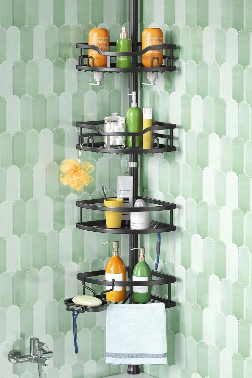 

Corner Shower Caddy Tension Pole: 4-Tier Rustproof Bathroom Shelf Organizer for Bathtub – Adjustable 47-121 Inch, Black