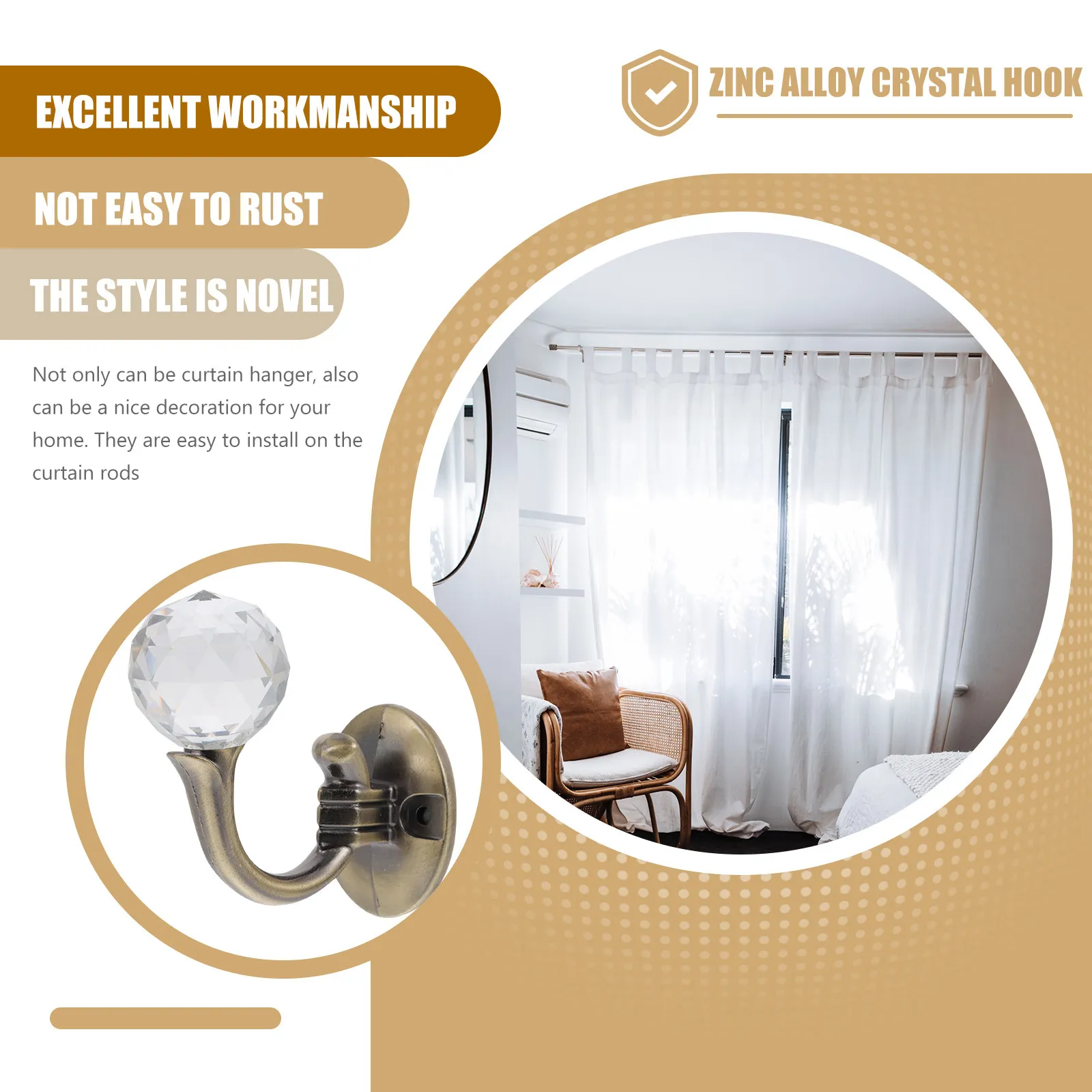 2Pcs Crystal Curtain Hooks Zinc Alloy Elegant Design Easy Install Decorative Home Curtain Accessories for Bathroom Dressing Room