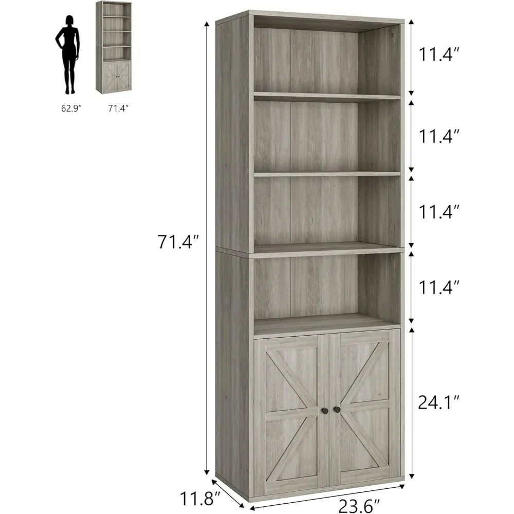 Bookcase with Doors Industrial Bookshelf 11.8in Depth Display Storage Shelves 71.4in Tall Farmhouse Bookcases Wooden 6 Shelf