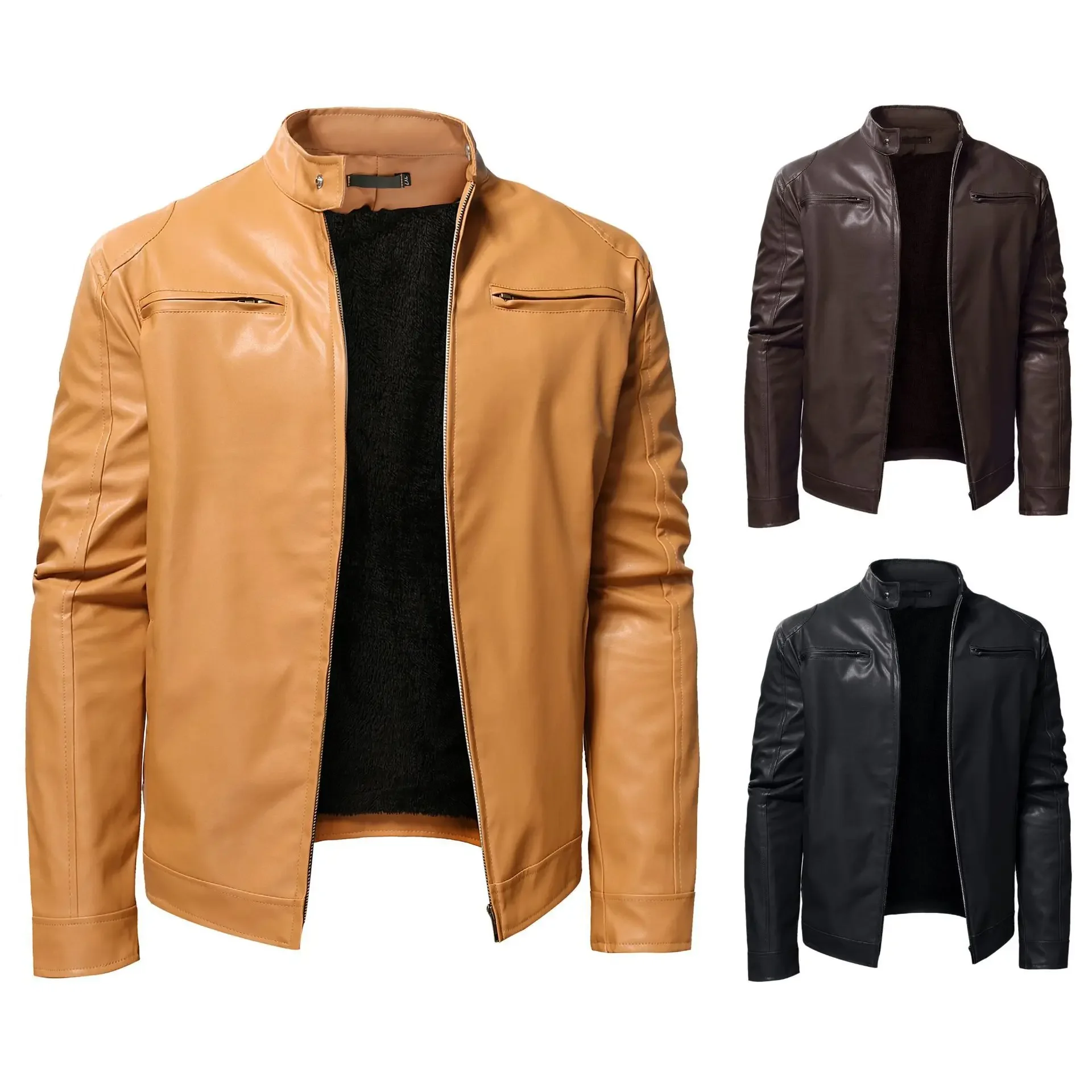 

Men's warm and casual high-quality motorcycle leather jacket with velvet thick zipper stand up collar oversized leather jacket