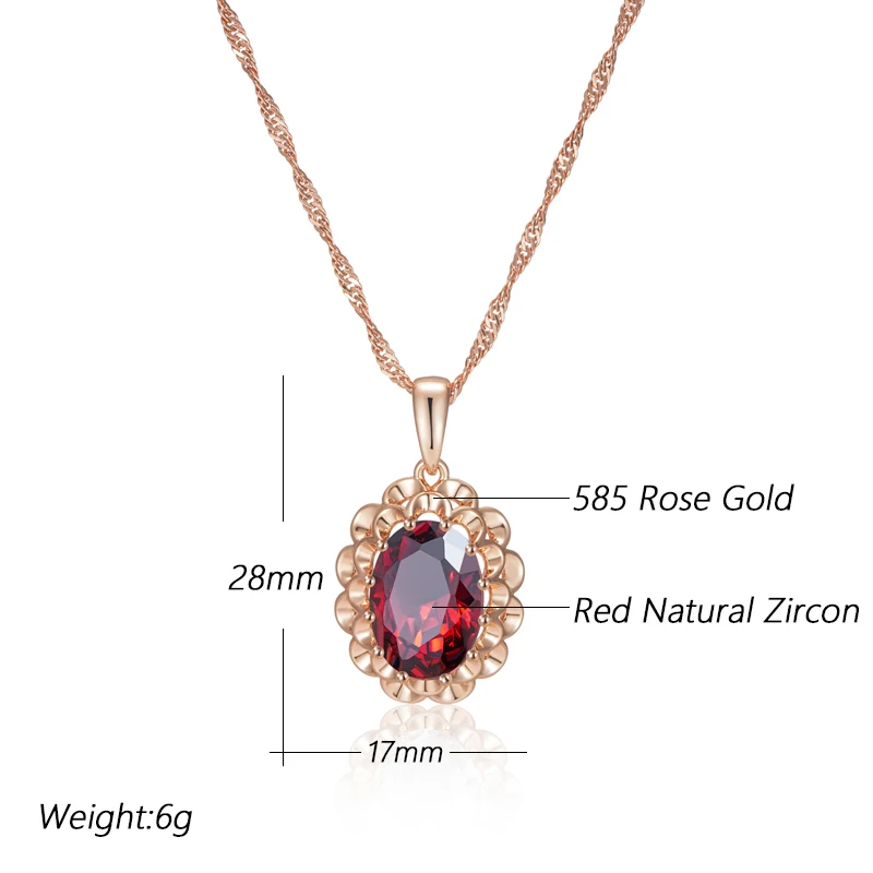 Large Oval Red Zircon Flower 585 Gold Color Pendant Necklace for Women Boho Vintage Jewelry Party Wedding Luxury Accessories