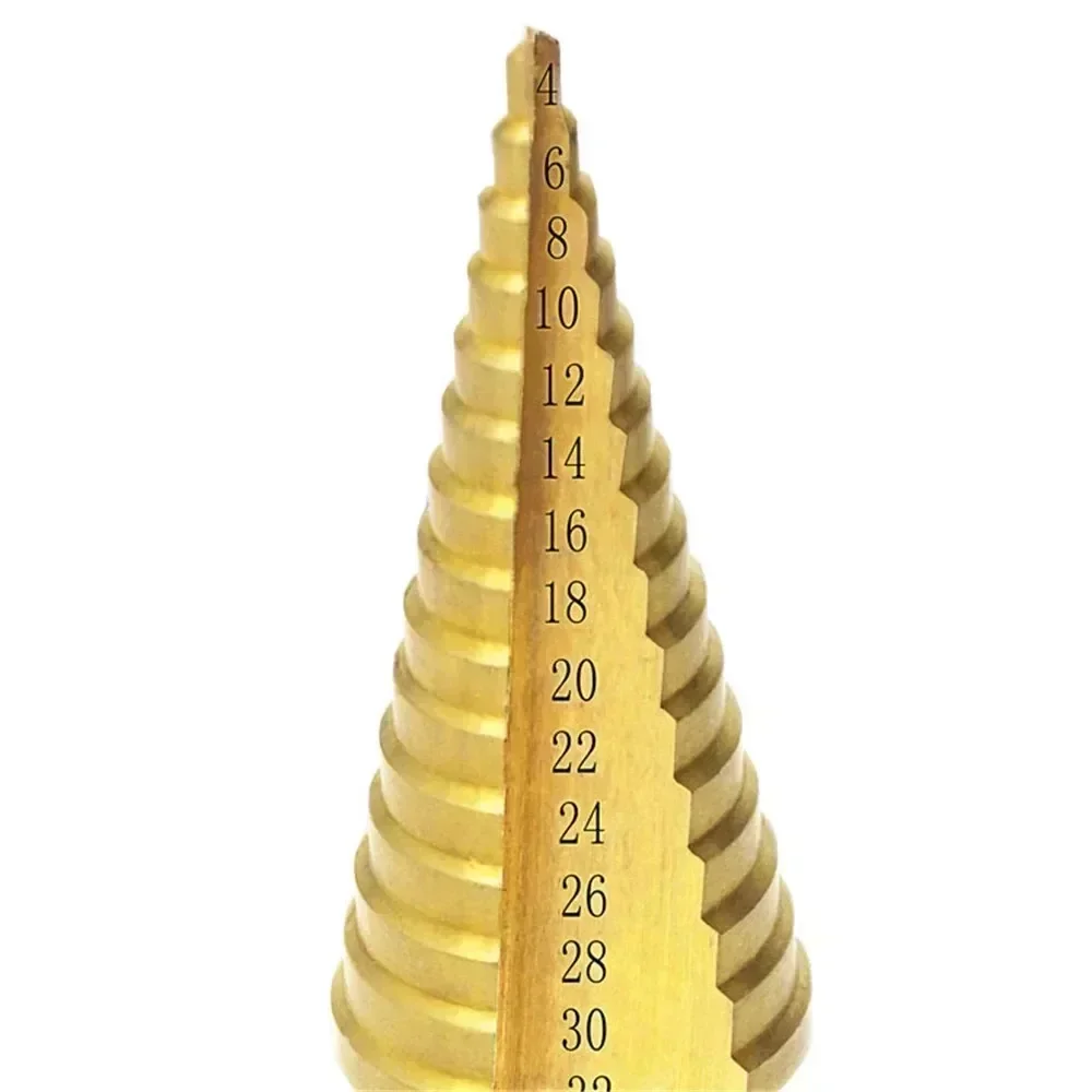 Titanium Coated HSS Step Drill Bit 4-32mm For Metal Wood Plastic Hole Cutter With 15 Steps Clearly Marked Anti-Slip Shank Design