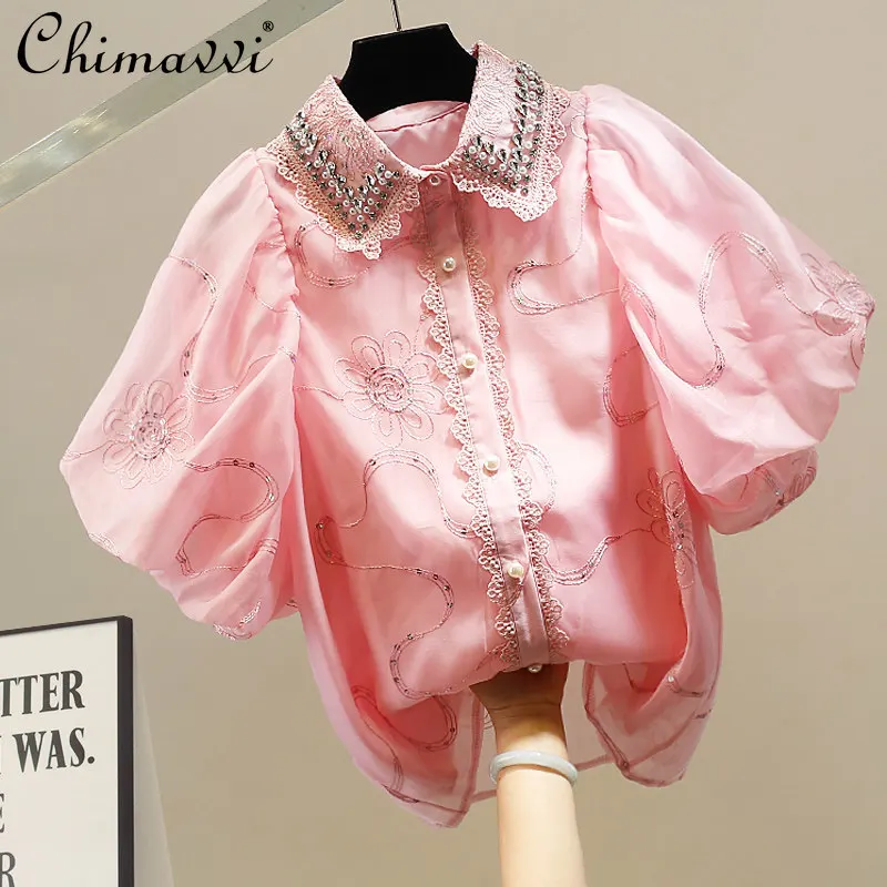 

New 2026 Summer Sweet Girls Handcrafted Beaded Embroidered Puff Sleeve Blouse Women's Elegant Sequin Slim-fit Shirts Tops