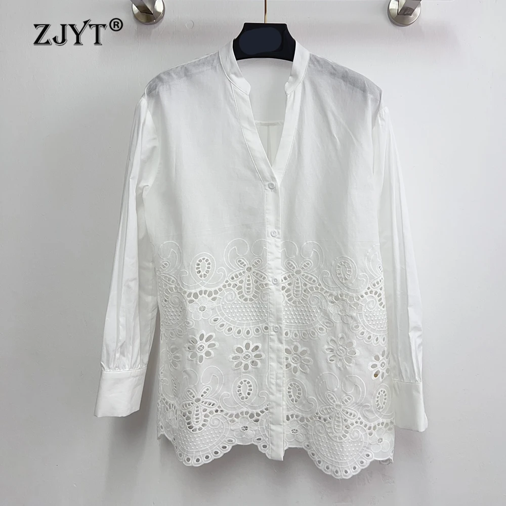 

ZJYT Women's Blouse Shirt White 100% Cotton Hollow Embroidery Long Sleeve Lady Tops Casual Elegant Female Clothing Spring 2026