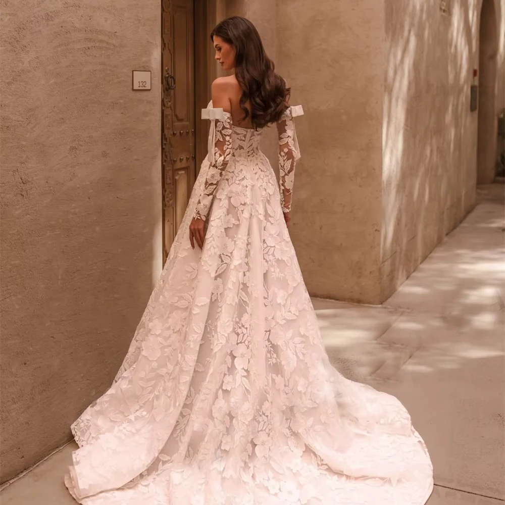 فساتين زفاف عصرية مخصصة على شكل قلب للنساء فستان زفاف على شكل حرف a مطرز بفيونكة دانتيل مزين بفيستدوس