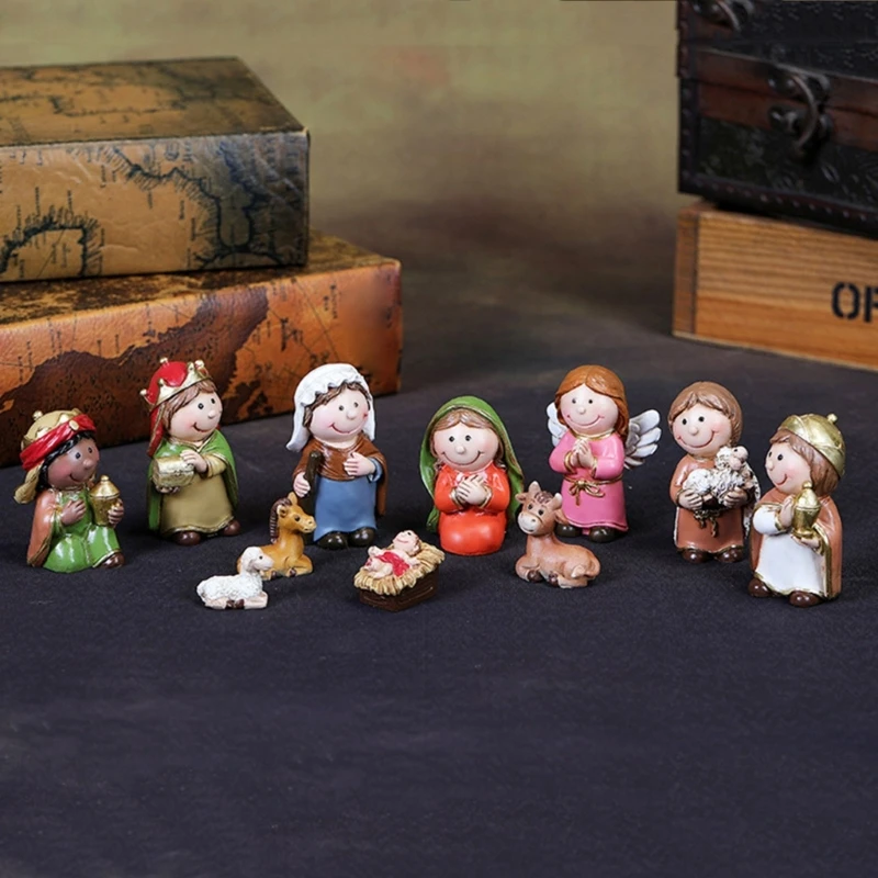 Resin Christmas Nativity Statue Figurines Set Small Resin Figures with LED Light for Indoor and Outdoor Decorations