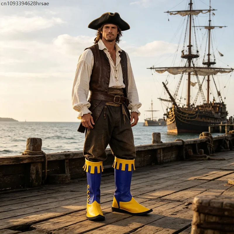 Men Medieval Pointed Toe Pirate Role Fringe PU Leather High Boots Renaissance Cosplay Shoes Halloween Carnival Costume Footwears