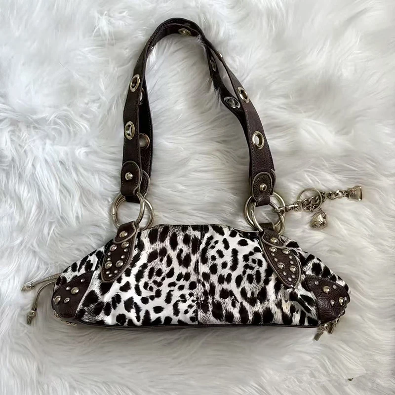 Y2k Retro Leopard Print Shoulder Bag Rivet Decoration Drawstring Design Fashion Versatile Underarm Bag Hot Girl Motorcycle Bag