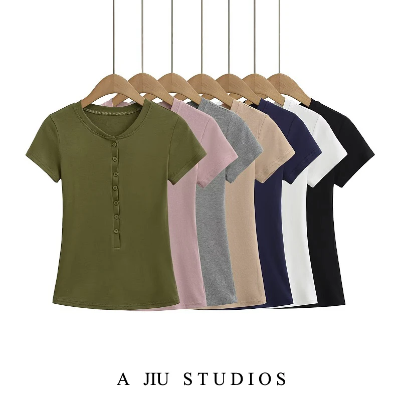 

Футболка Slim Fit ort Sve женская, летняя, однотонная, круглая, на пуговицах, повседневная, универсальная, базовый слой, irt