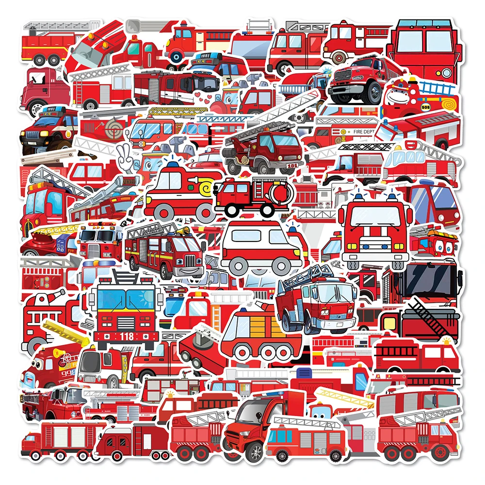 10/30/50/100PCS Cartoon Fire Engine Stickers Kids Decals Toy DIY Notebook Suitcase Phone Fridge Bike PVC Waterproof Sticker Gift