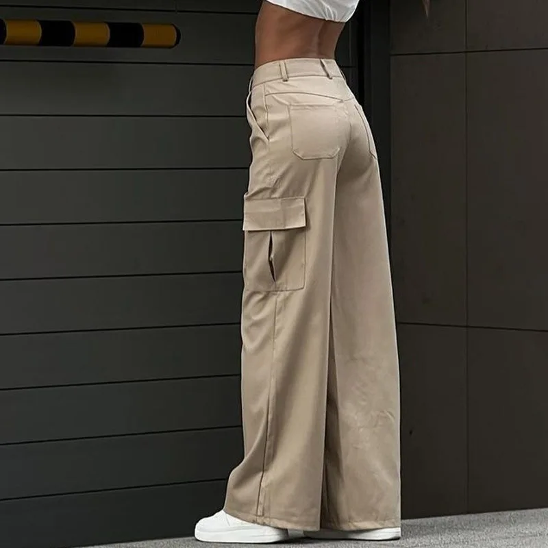 Y2K Women Vintage Cargo Pants Streetwear Casual Harajuku Parachute Pants Beige Sweatpants Baggy Wide Leg Joggers Trousers 2024