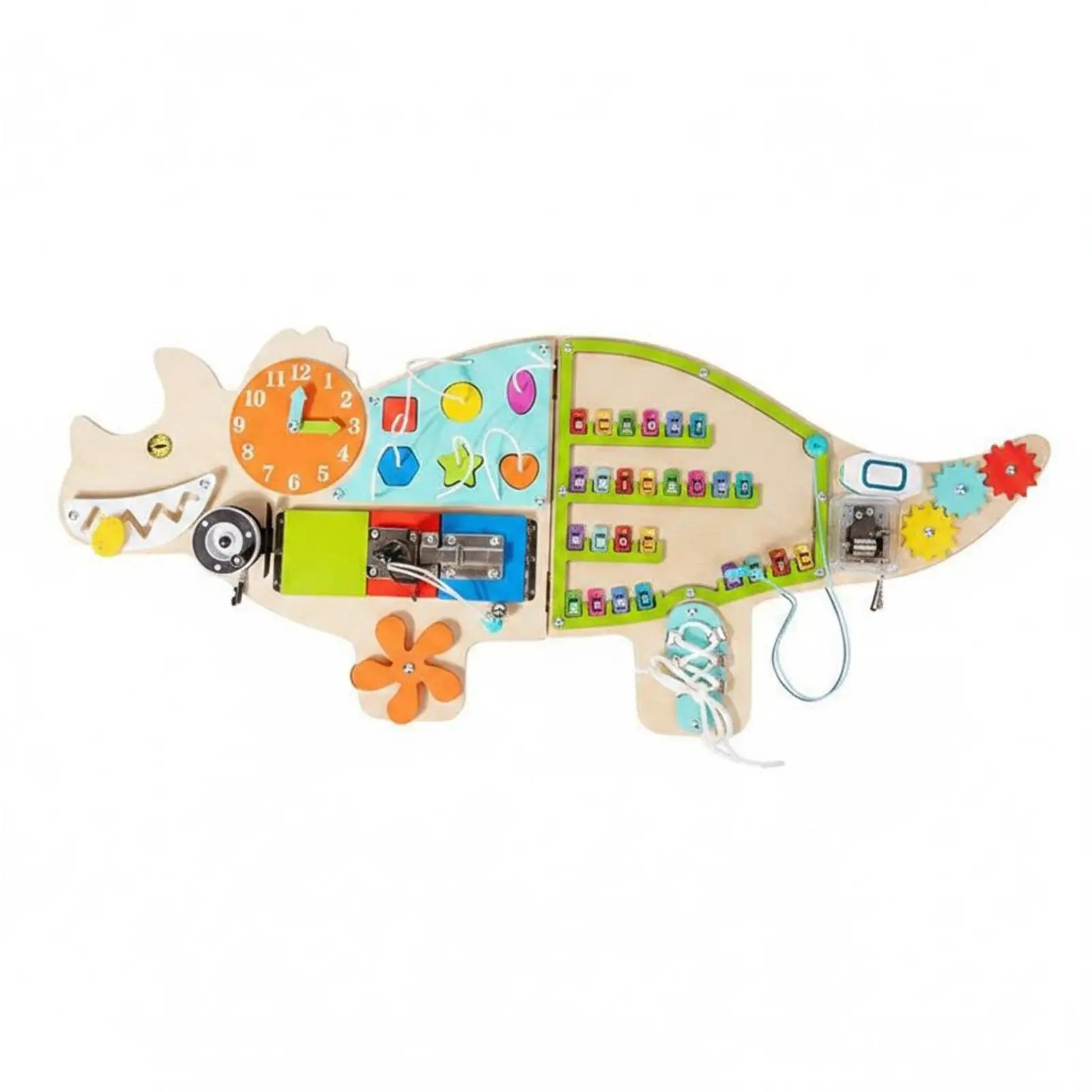 Wooden Wall Mounted Activity Panel Early Education Young Child Learning Board Multi-Functional Dinosaur Busy Board for