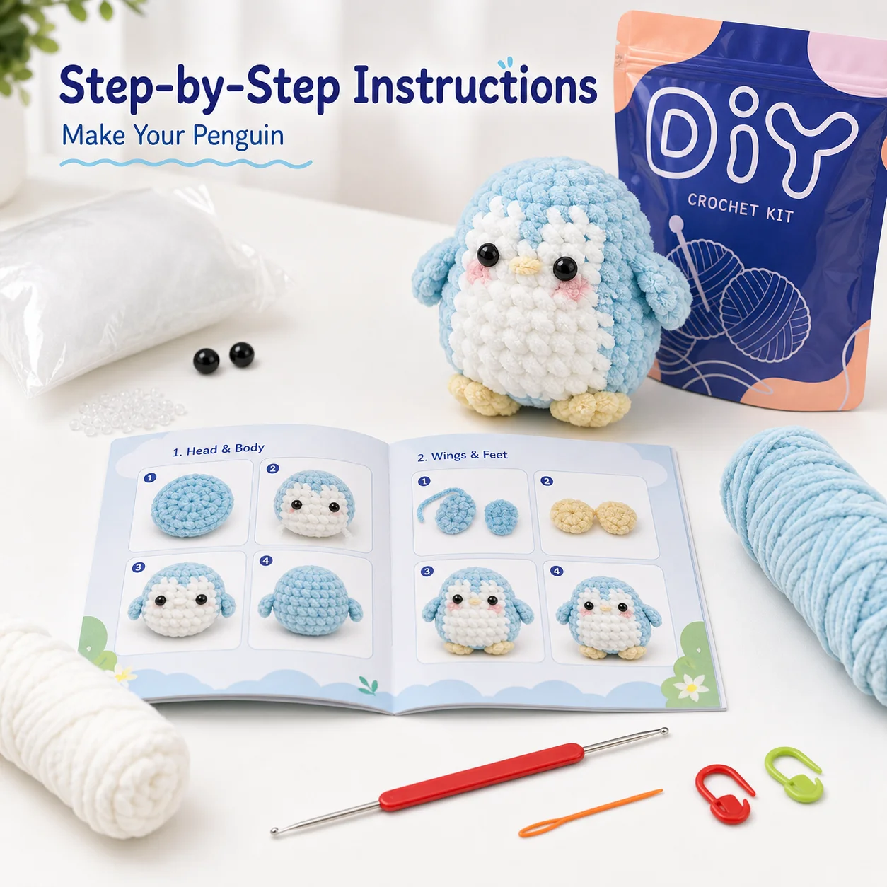 Blaues Pinguin-Häkelset für Anfänger Chenille-Garn DIY-Bastelset mit Schritt-für-Schritt-Anleitung – Detail 4