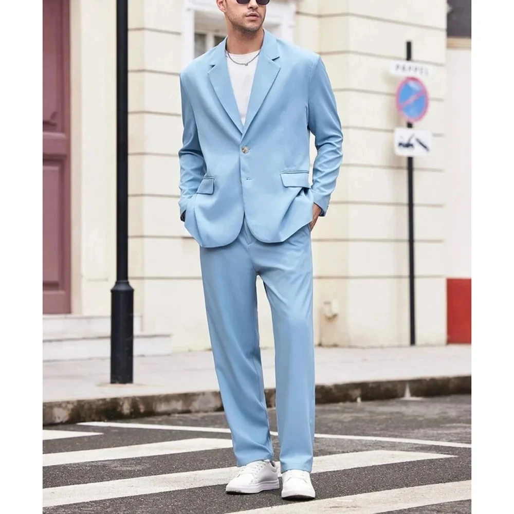 

Светло-голубой мужской костюм-двойка (пиджак + брюки) для вечеринок, свадеб, торжественных мероприятий, повседневной носки, модный, на заказ, мужская одежда