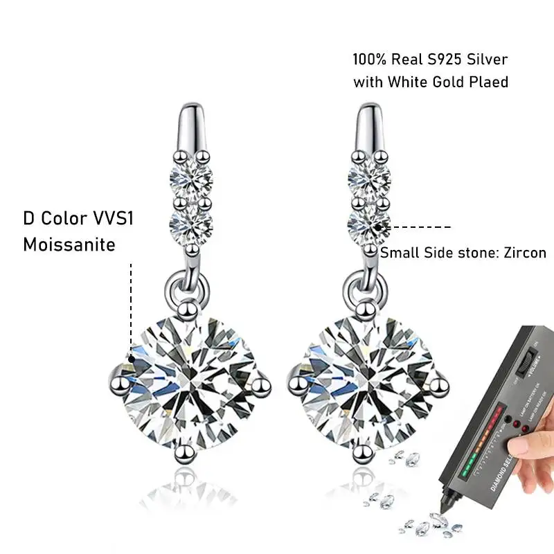 1Carat 2CT Round Moissanite Earrings For Women 925 Sterling Silver Ear-Drops Luxury Fine Jewelry Pass Diamond Tester
