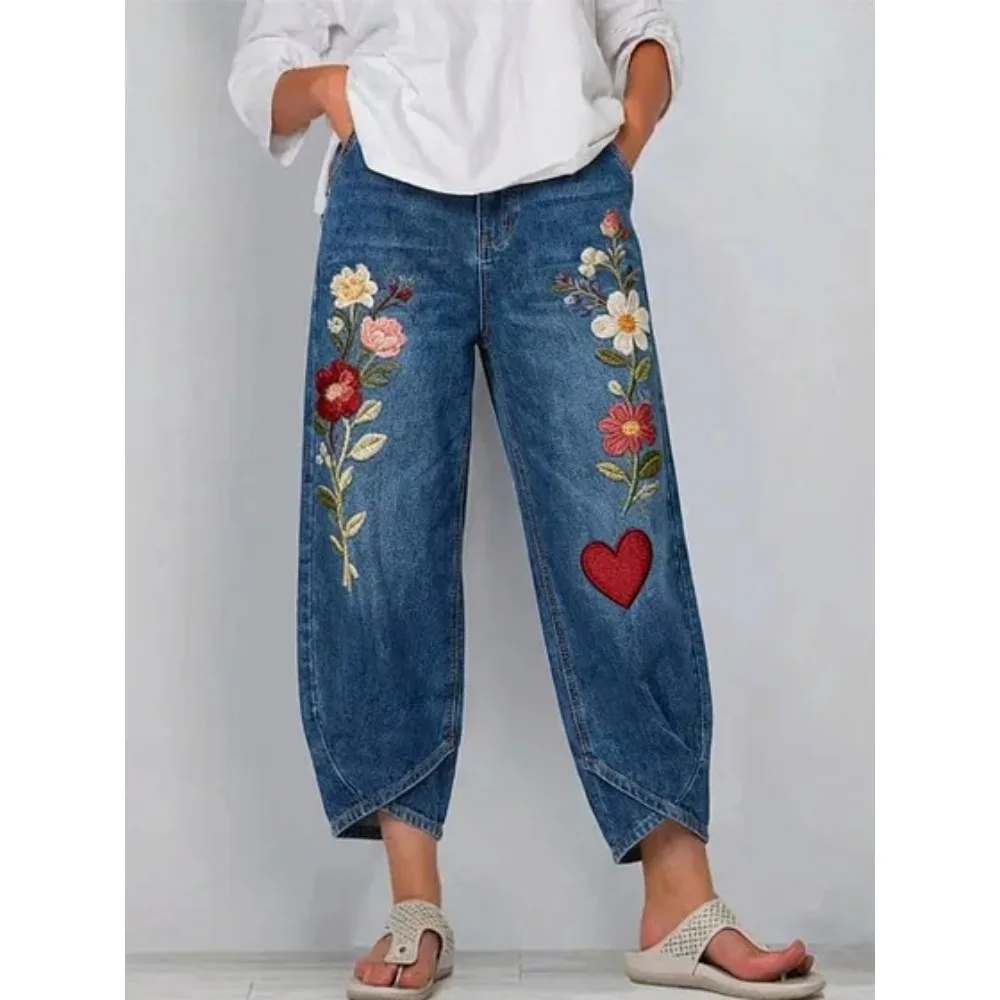 Vintage-Haremshose mit Rosenmuster, kurz geschnitten, lockere Tulpenform, knöchellang, lässige Hose für Zuhause, Loungewear, Urlaub – Detail 5