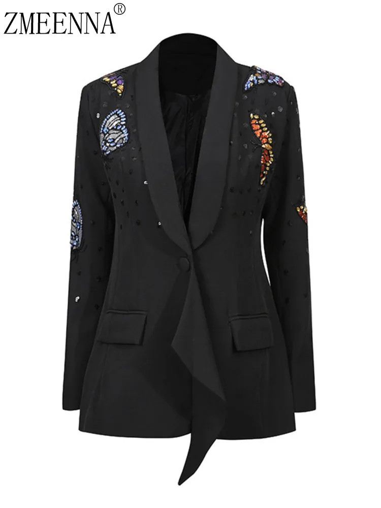 

ZMEENNA женский элегантный черный блейзер с блестками и бабочкой, украшенный одной пуговицей и лацканами, куртка с рюшами по подолу, верхняя одежда ZM4238
