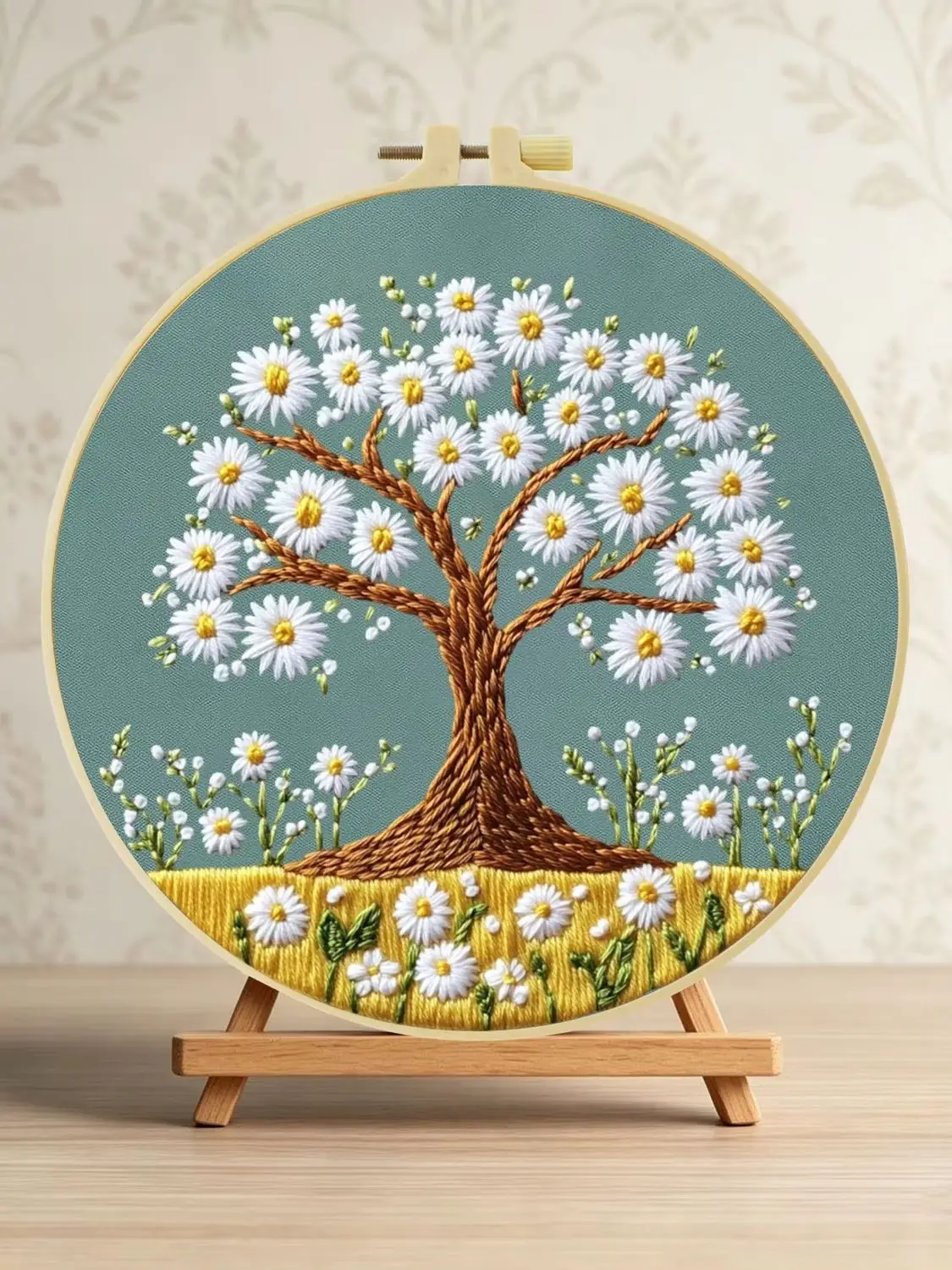Weißer Gänseblümchenbaum 1 Stück DIY Stickerei-Material-Set für Anfänger Stickerei-Starter-Kit Kreuzstich-Kunst als Geschenk Nadelarbeiten Handwerk – Detail 1