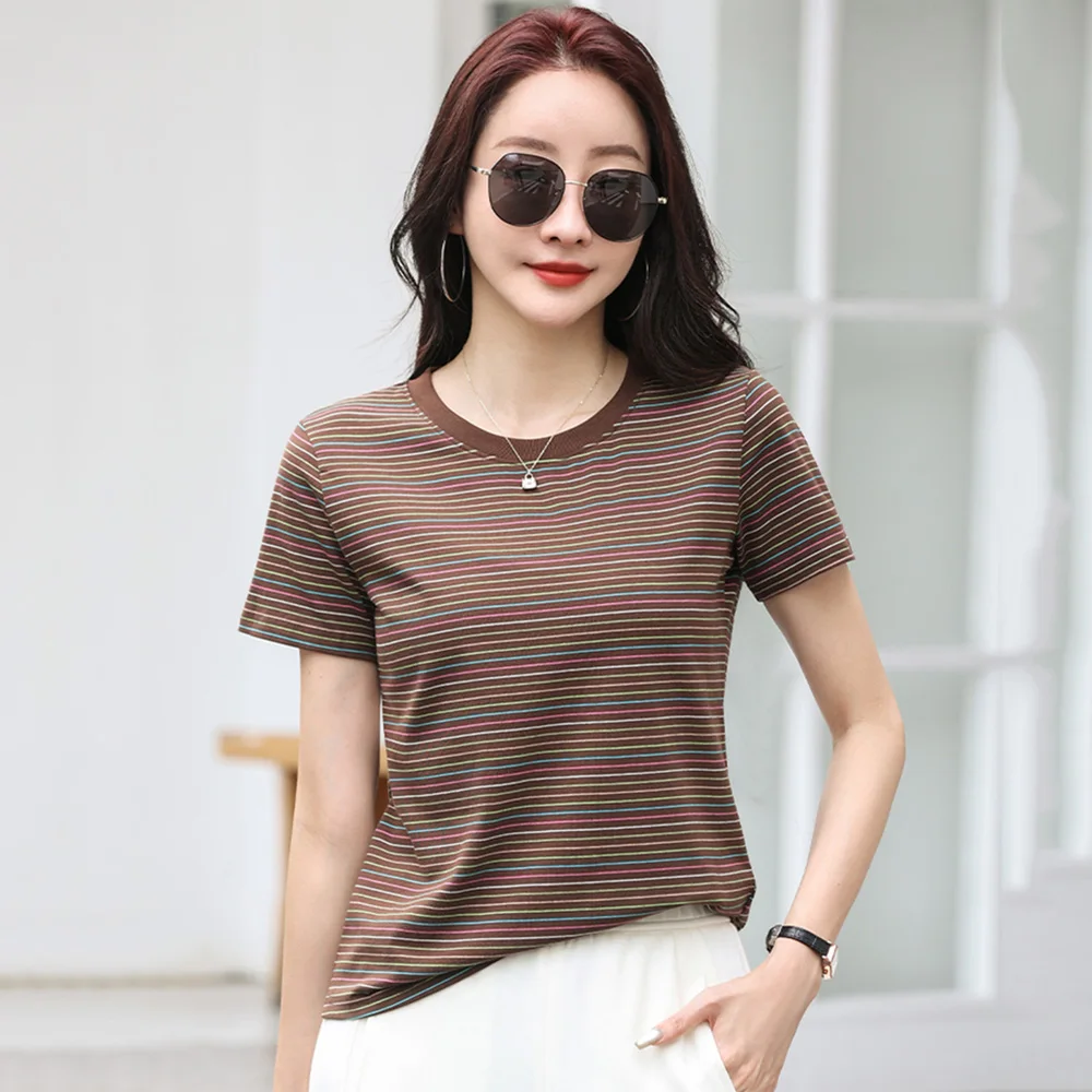 

New Women Casual Striped T-shirt Summer Fashion O-Neck Short Sleeve Contrast Color Loose Tees Simplicity Basic Cotton T-shirt