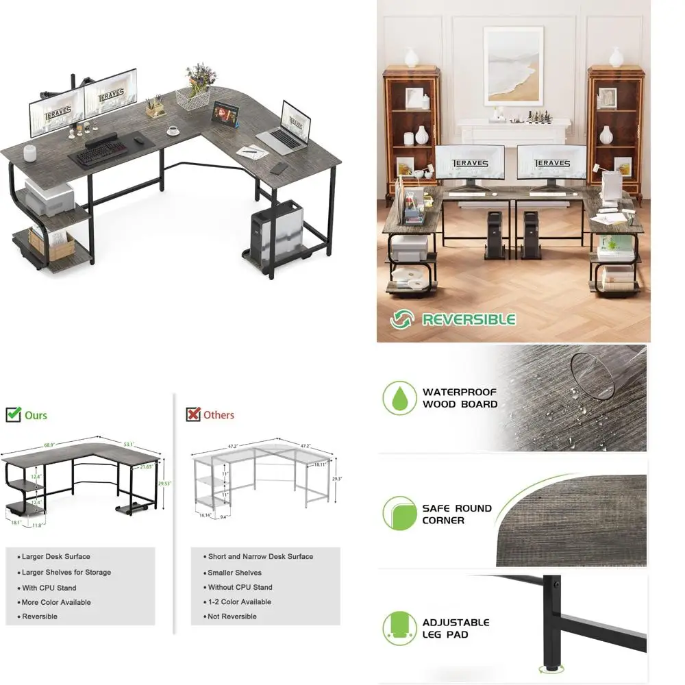 

Reversible L-Shaped Desk with Large Surface, 69 Inch Corner Desk with Storage Shelves, Premium Office Computer Desk