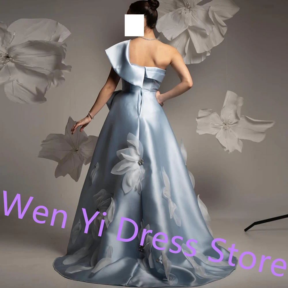 A-Line Crystal Floor Length Flowers Evening Dress Blue One Shoulder Sweep Train pleats Elegant Satin Sleeveless Special  Gowns