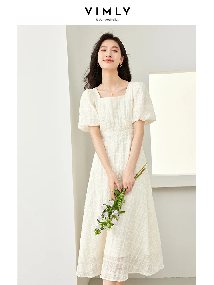 VIMLY Elegant French Style Solid Midi Dress Women2024Summer Fashionable Casual Square Neck Bubble Sleeve A-Line Party DressM7006