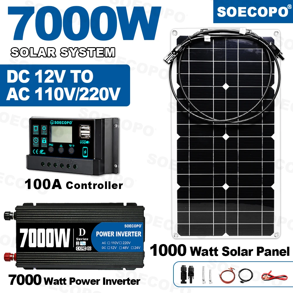

Портативный солнечный комплект для кемпинга мощностью 7000 Вт | Инвертор SOECOPO 7000W 110V/220V (номинальная мощность 750W) + контроллер 100A | Для активного отдыха на природе, в автодомах, на лодках/кемперах
